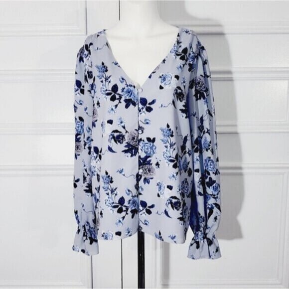 Contemporaine Par Simons- Button Down Boho Chic Loose Floral Poer Sleeved Blouse - Picture 1 of 13